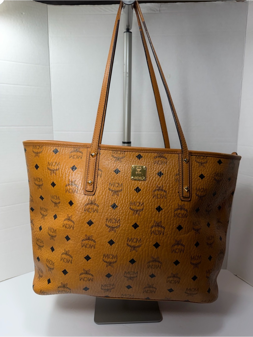 MCM Cognac Visetos Logo Latge Tote with Gold Plaque, strap re-enforced